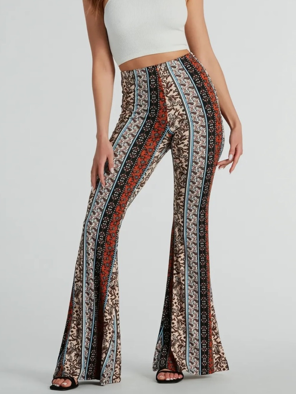 Wanderlust Paisley Print Knit boho Flare stretch festival Pants Size Small